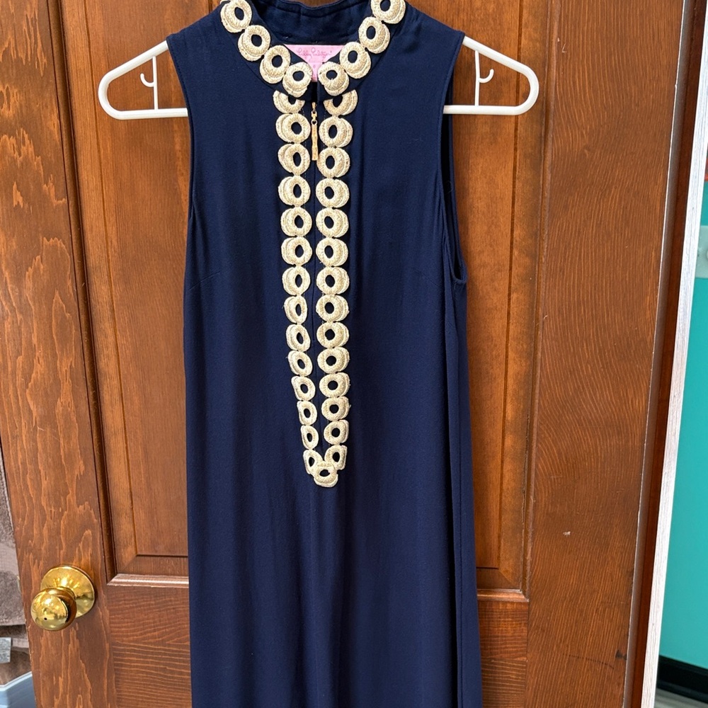 Lilly Pulitzer Jane Shift Dress, Timeless True Navy Gold Trim Zipper Sleeveless